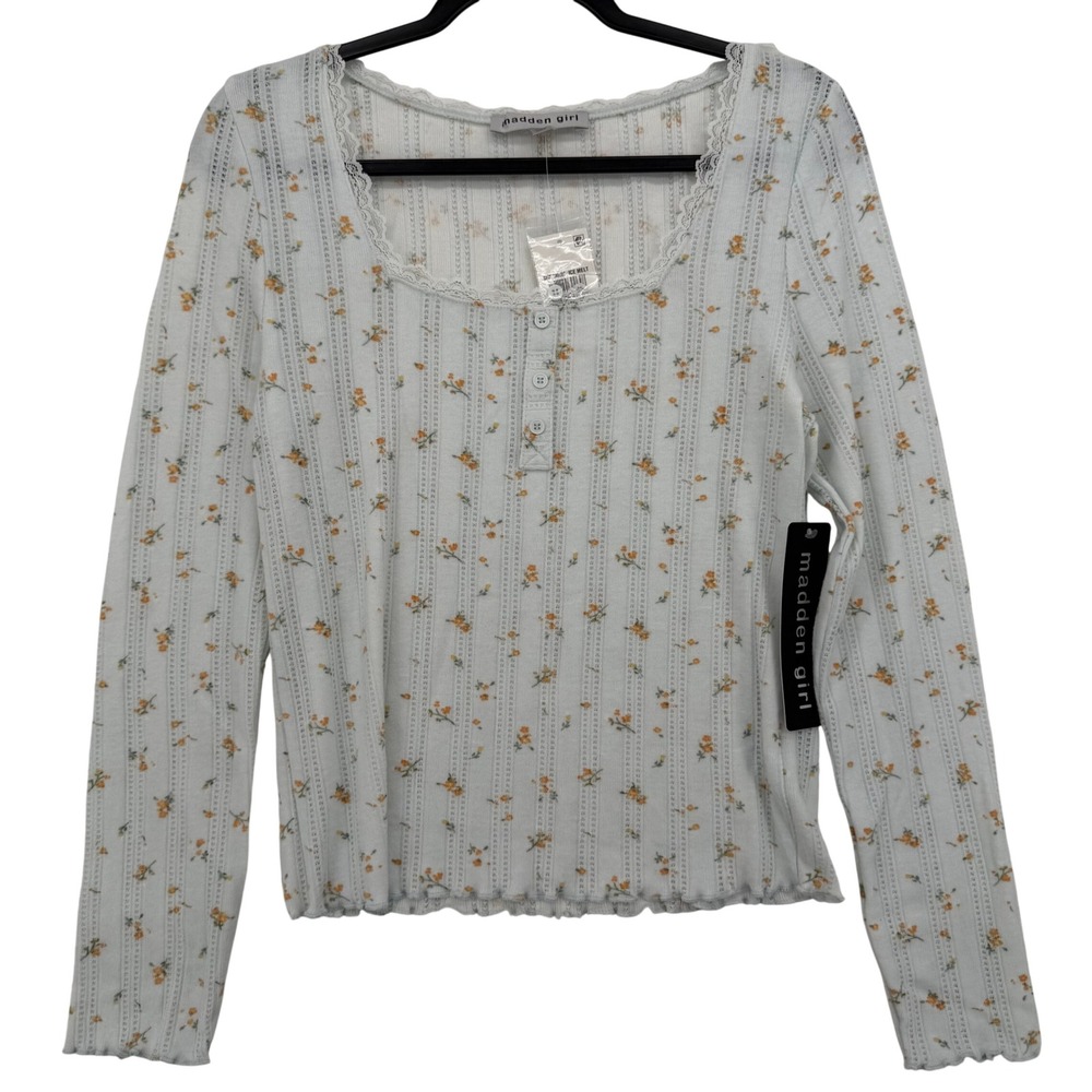 Madden Girl Floral Henley Top Womens XL Blue Pointelle Lace Trim Long Sleeve NEW